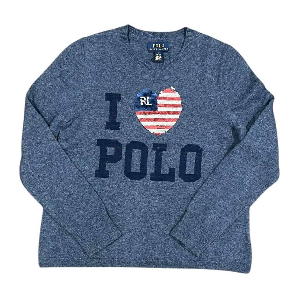 Polo Ralph Lauren Sweater Girls Blue I Heart USA flag Polo Pullover Size M 8-10 - Picture 1 of 13